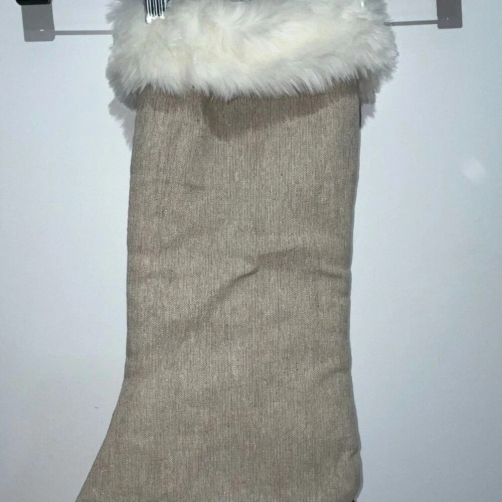 Ridgefield Home Beige White Reindeer Faux Fur Trim Holiday Christmas Stocking